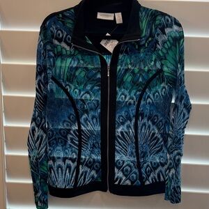 Chico's Blue and Green Patterned Bomber Jacket